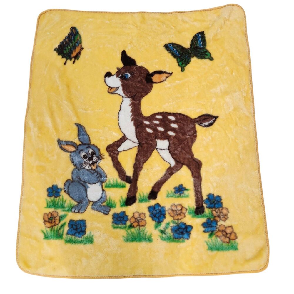 Vintage Bambi & Thumper Baby Blanket Plush Throw Deer Rabbit Plush YELLOW Soft